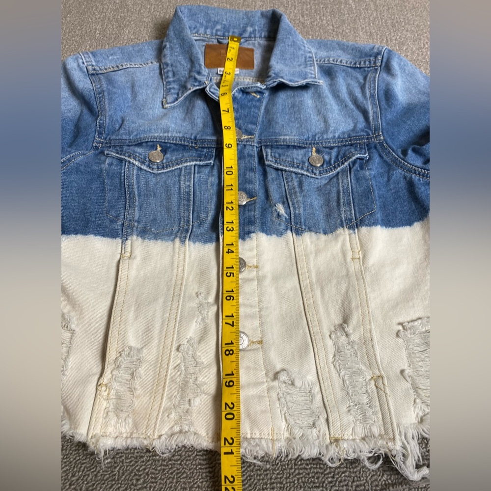 BBJ Los Angeles Two-Tone Blue & Cream Distressed Denim Jacket- Streetwear Cotton - Picture 5 of 5